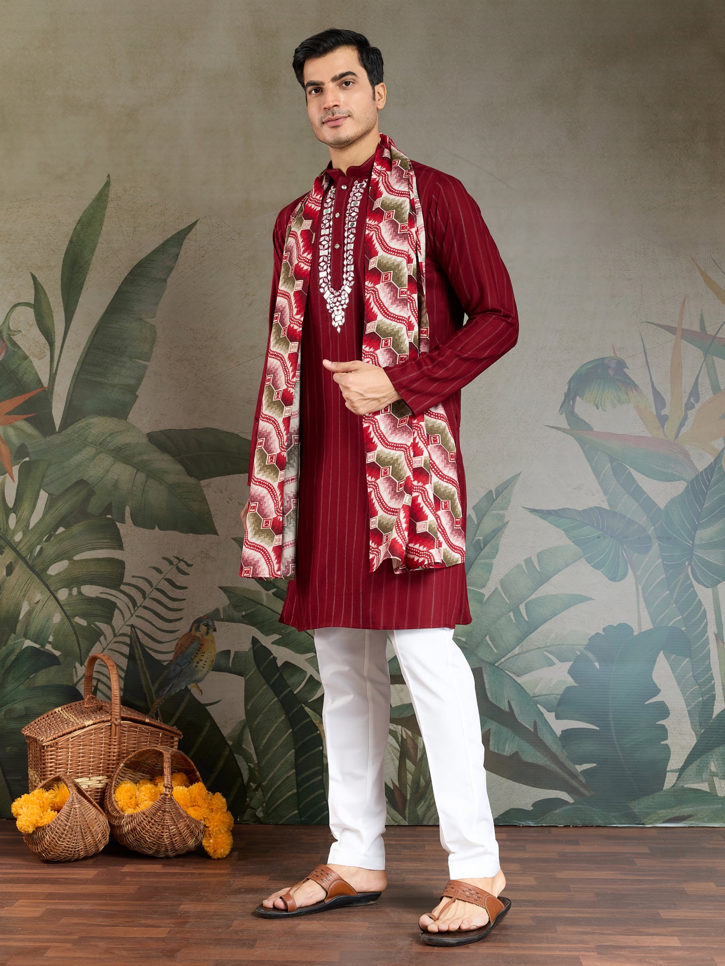 Classic Red Viscose Kurta with Mirror Work & Printed Dupatta