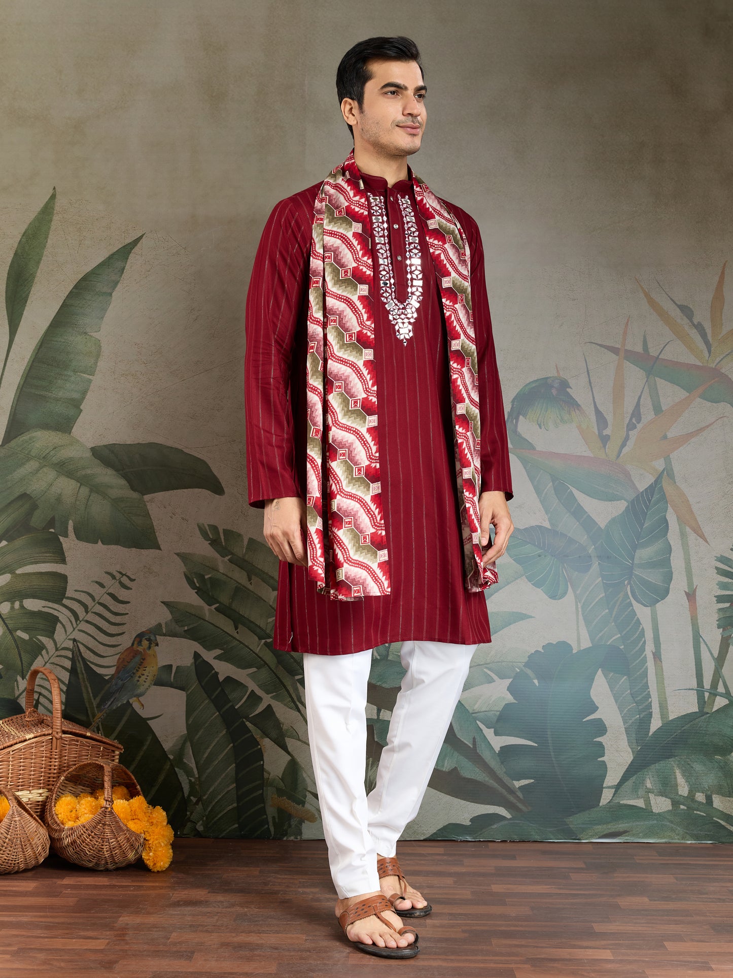 Classic Red Viscose Kurta with Mirror Work & Printed Dupatta