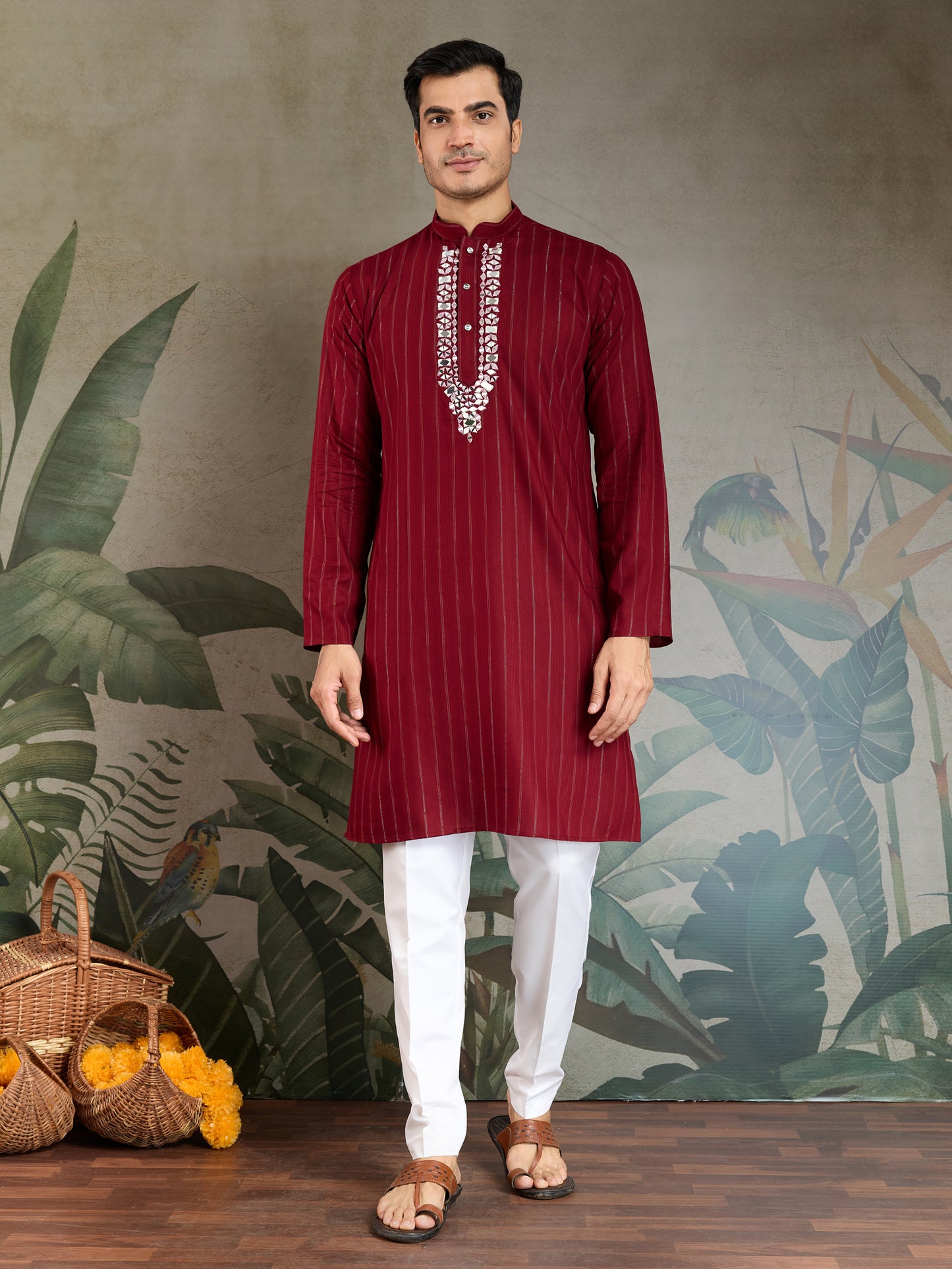 Classic Red Viscose Kurta with Mirror Work & Printed Dupatta