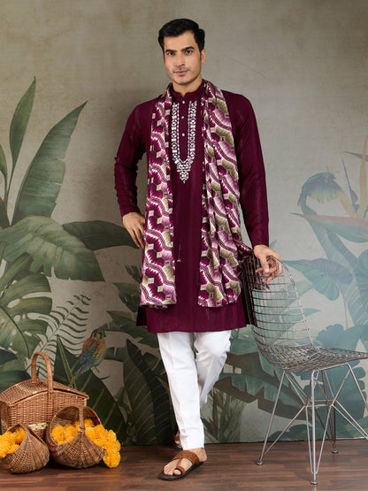 Royal Purple Viscose Kurta with Mirror Work & Printed Dupatta