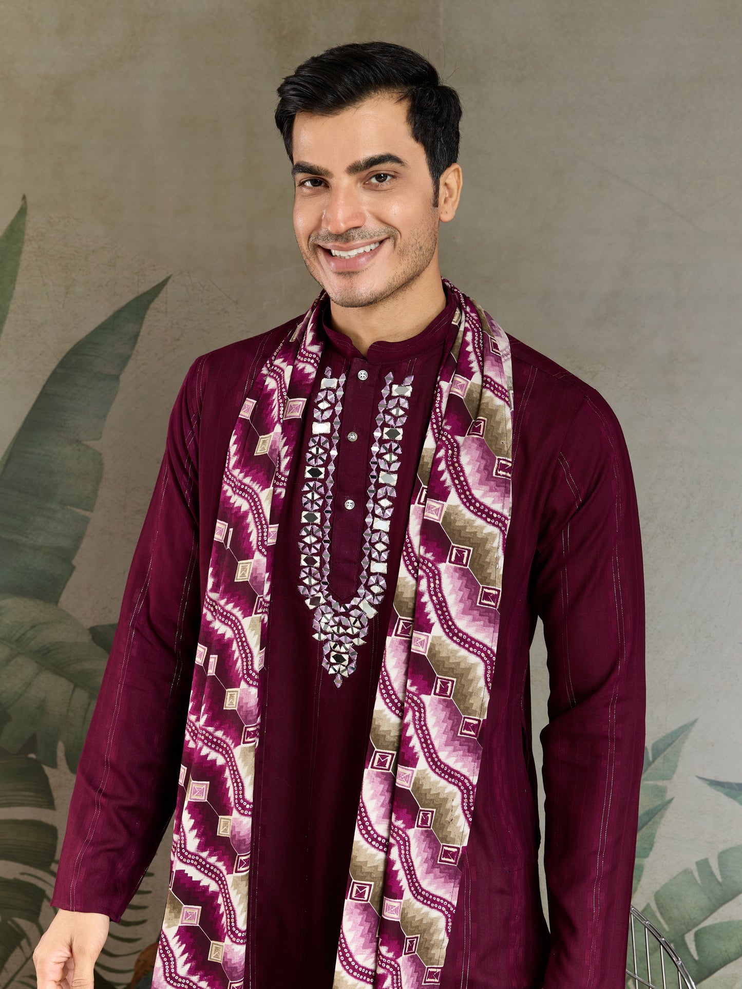 Royal Purple Viscose Kurta with Mirror Work & Printed Dupatta