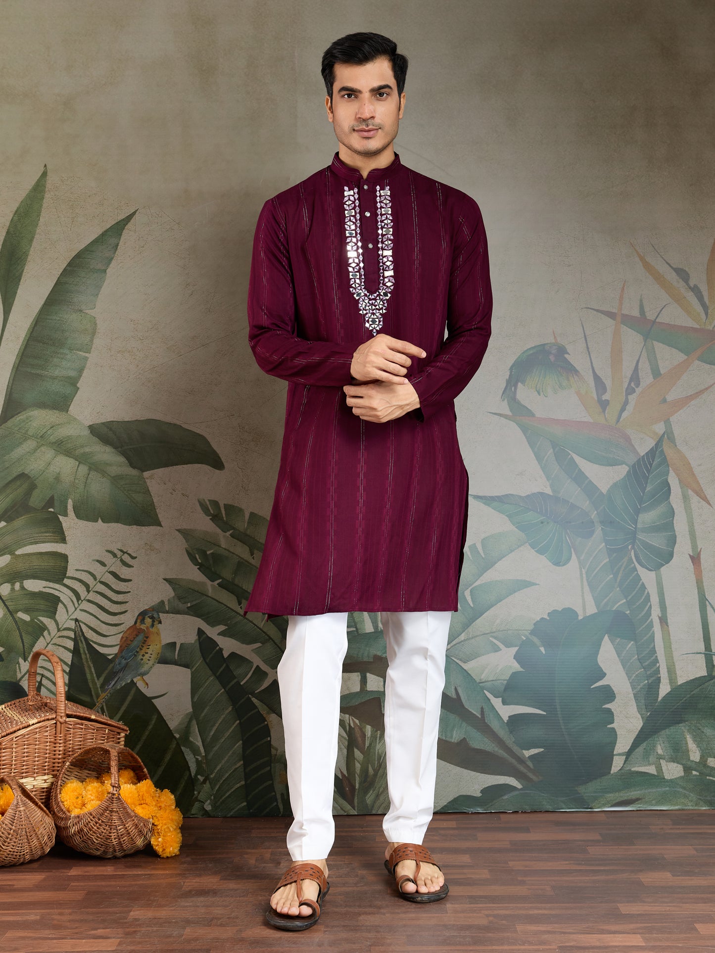 Royal Purple Viscose Kurta with Mirror Work & Printed Dupatta