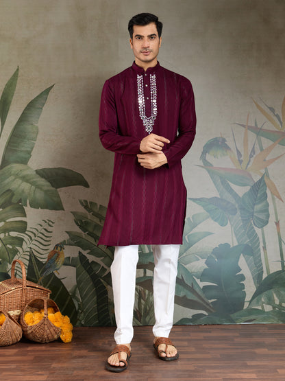 Royal Purple Viscose Kurta with Mirror Work & Printed Dupatta