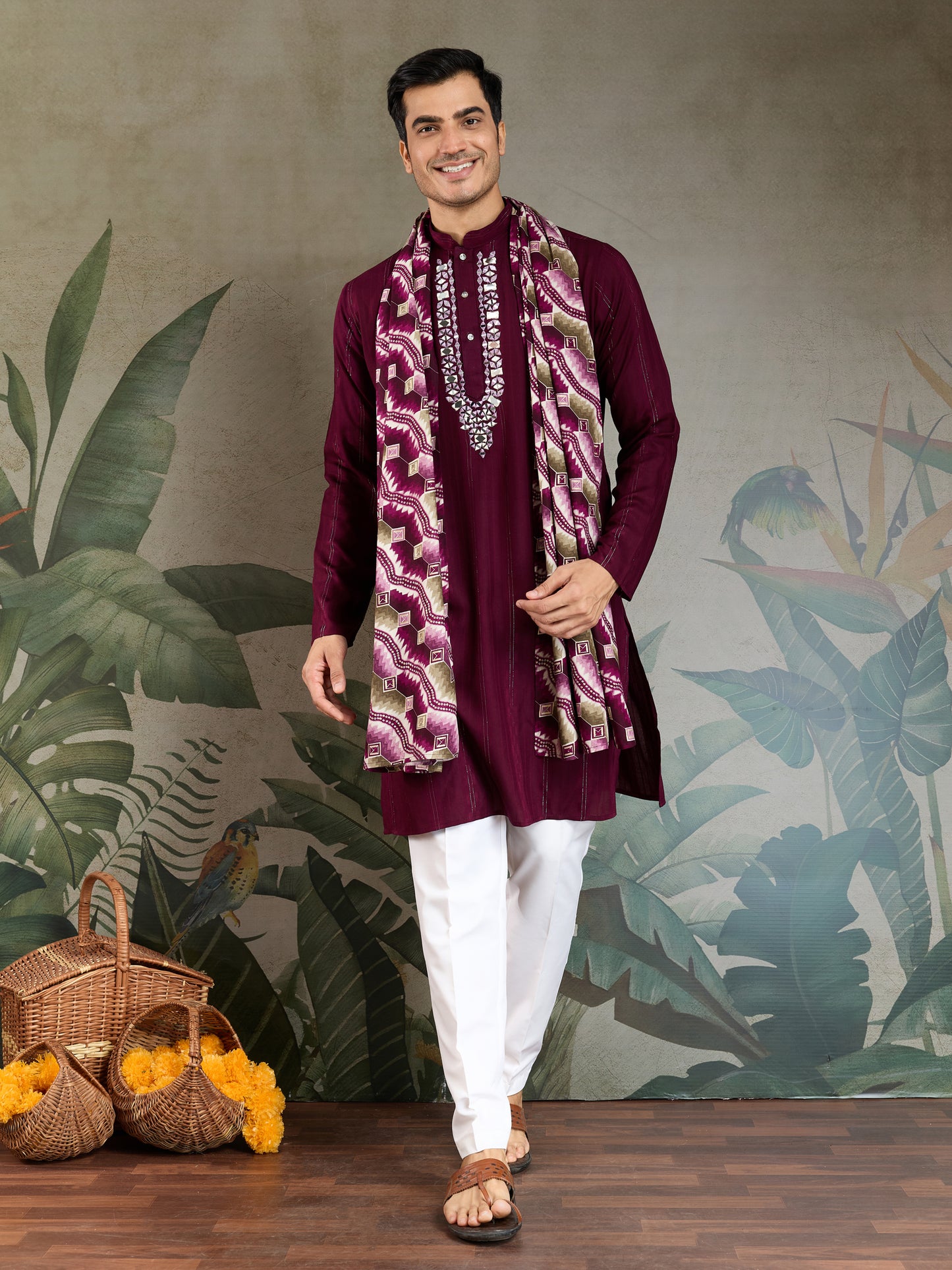 Royal Purple Viscose Kurta with Mirror Work & Printed Dupatta