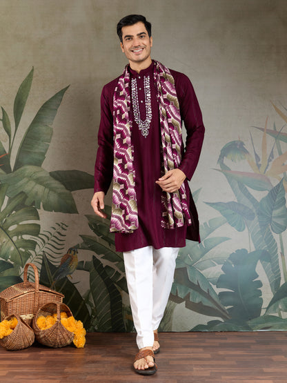Royal Purple Viscose Kurta with Mirror Work & Printed Dupatta