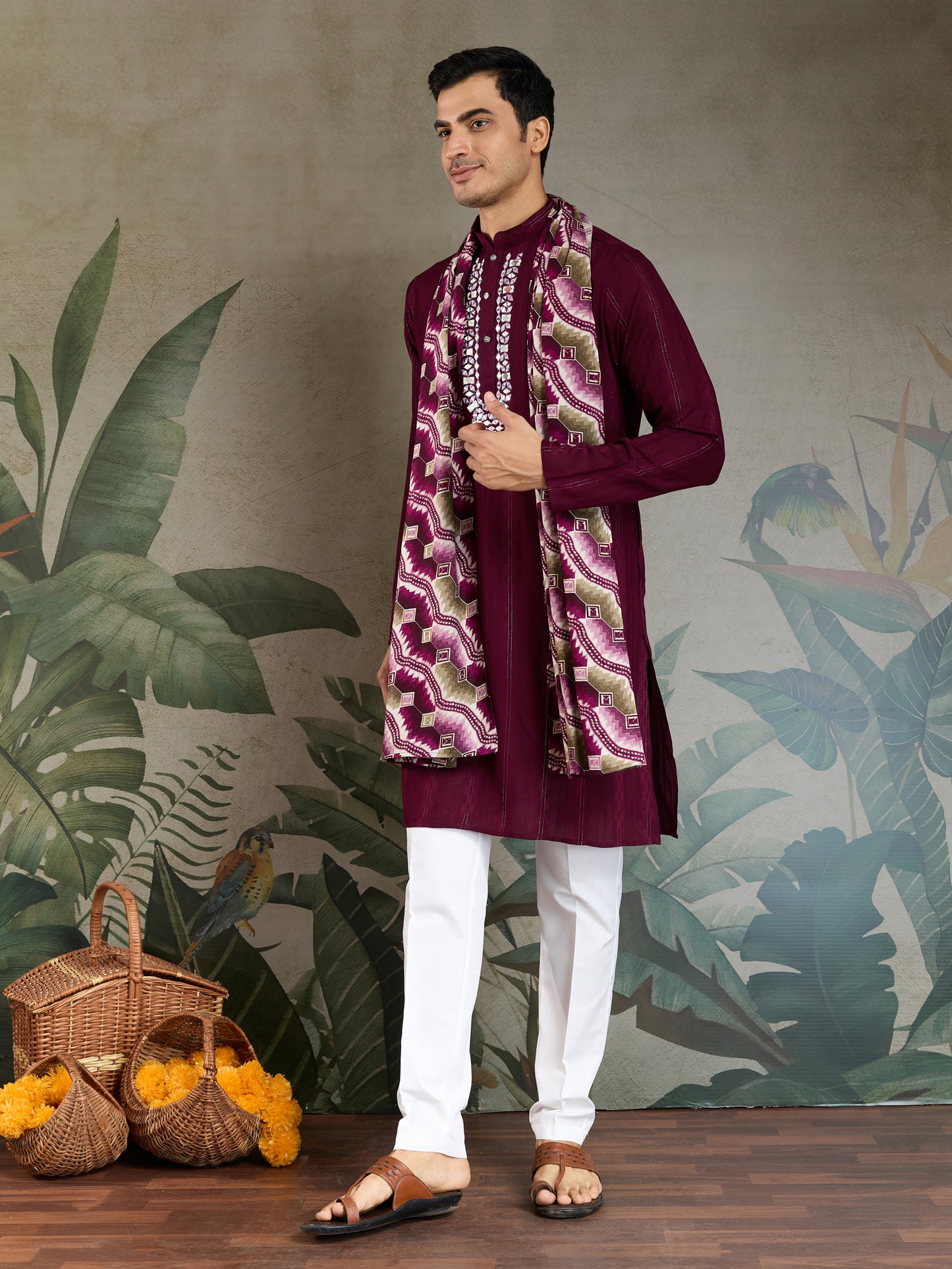 Royal Purple Viscose Kurta with Mirror Work & Printed Dupatta