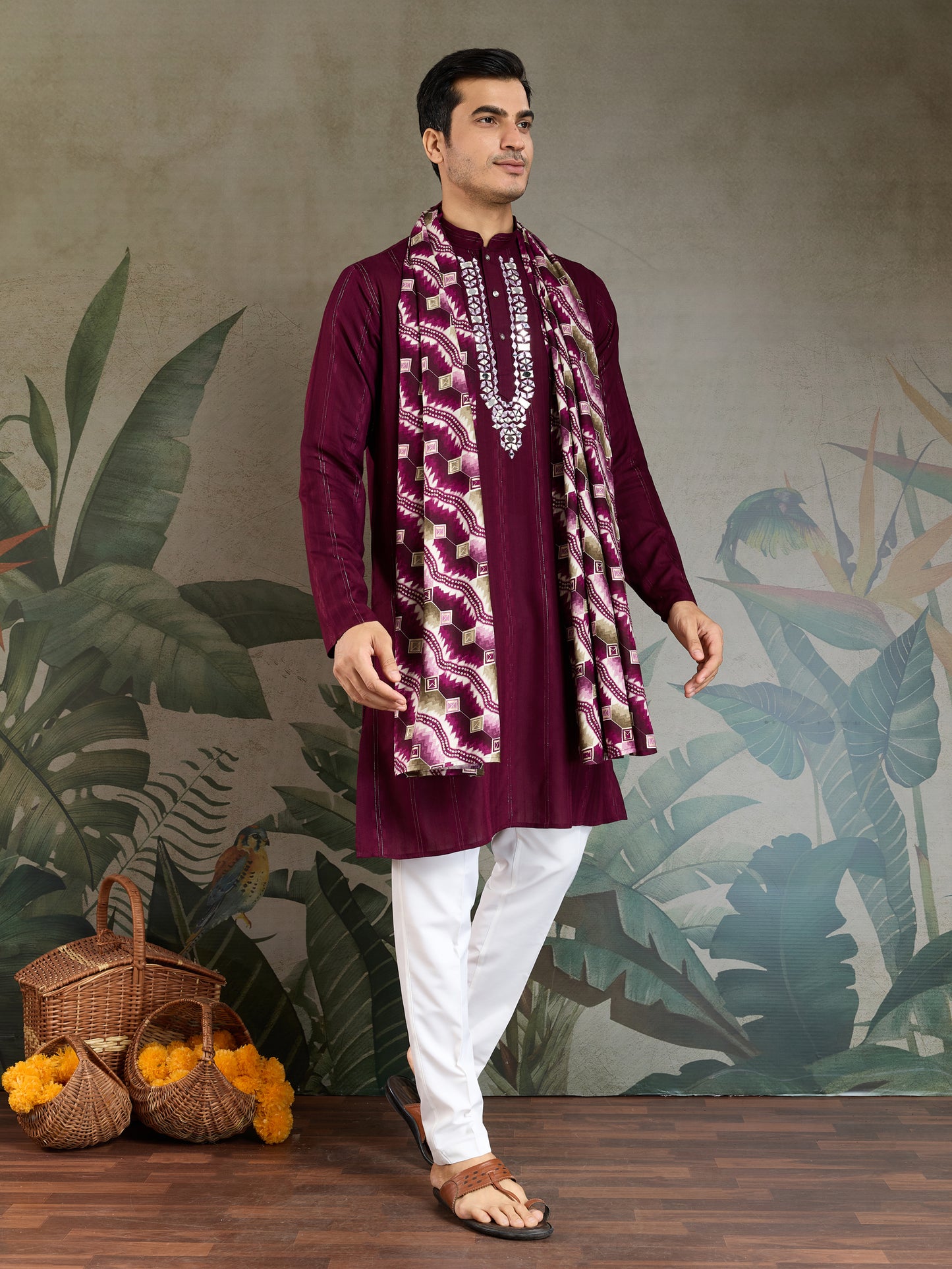 Royal Purple Viscose Kurta with Mirror Work & Printed Dupatta