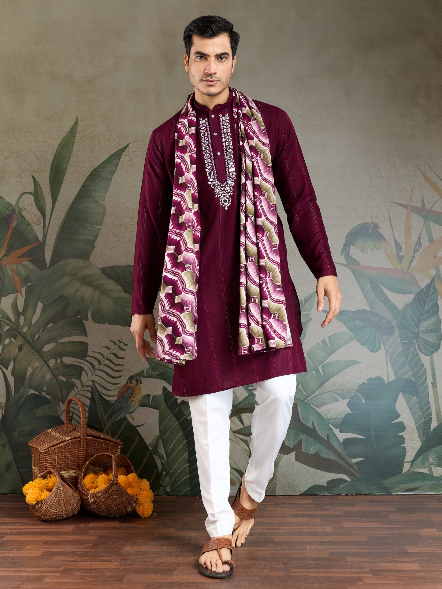 Royal Purple Viscose Kurta with Mirror Work & Printed Dupatta