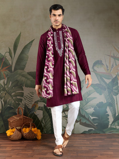 Royal Purple Viscose Kurta with Mirror Work & Printed Dupatta