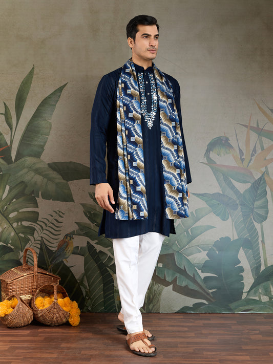 Stylish Navy Viscose Kurta with Mirror Work & Printed Dupatta