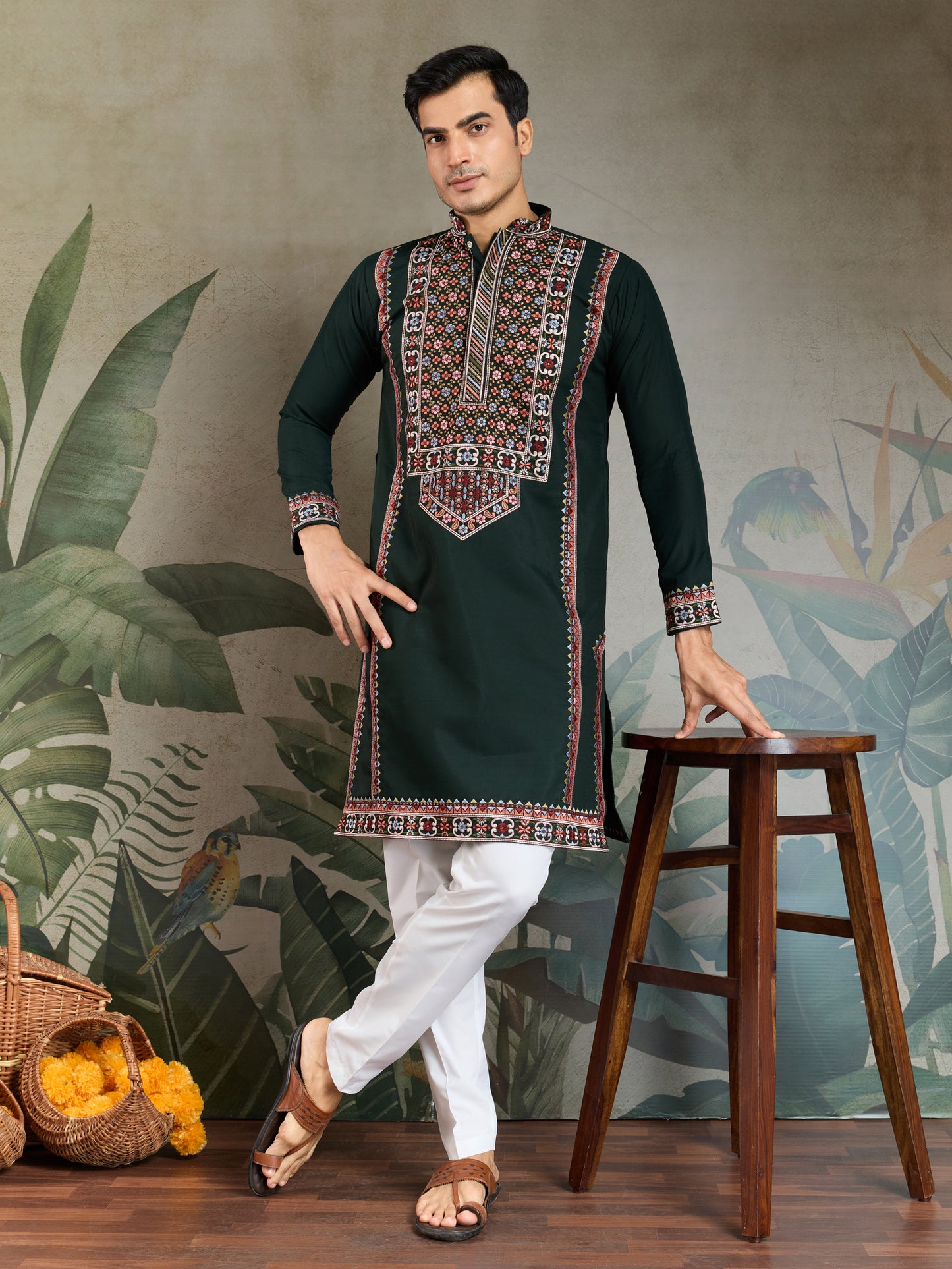 Elegant Dark Green Embroidered Kurta for Men – Traditional Festive Wear