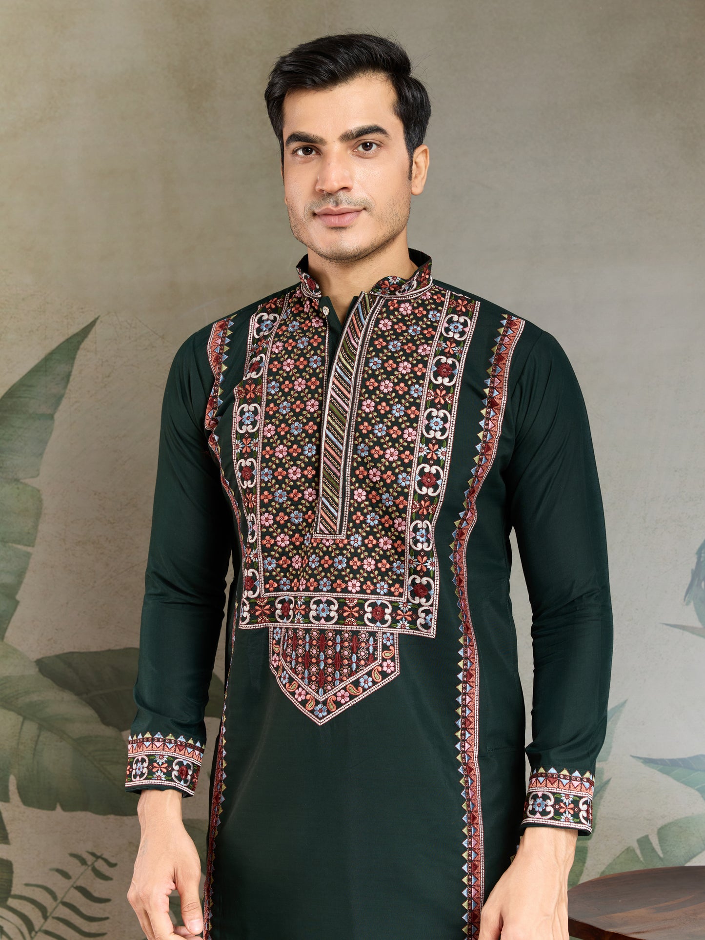 Elegant Dark Green Embroidered Kurta for Men – Traditional Festive Wear