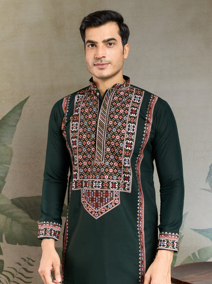 Elegant Dark Green Embroidered Kurta for Men – Traditional Festive Wear