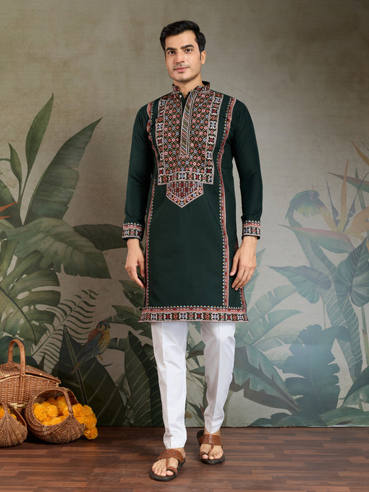 Elegant Dark Green Embroidered Kurta for Men – Traditional Festive Wear