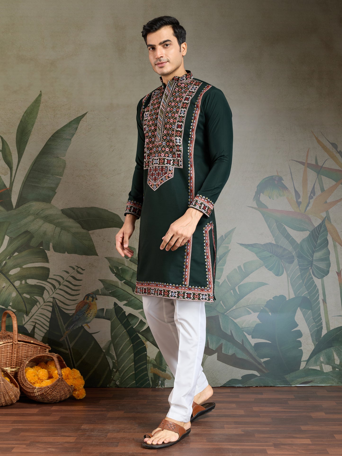 Elegant Dark Green Embroidered Kurta for Men – Traditional Festive Wear