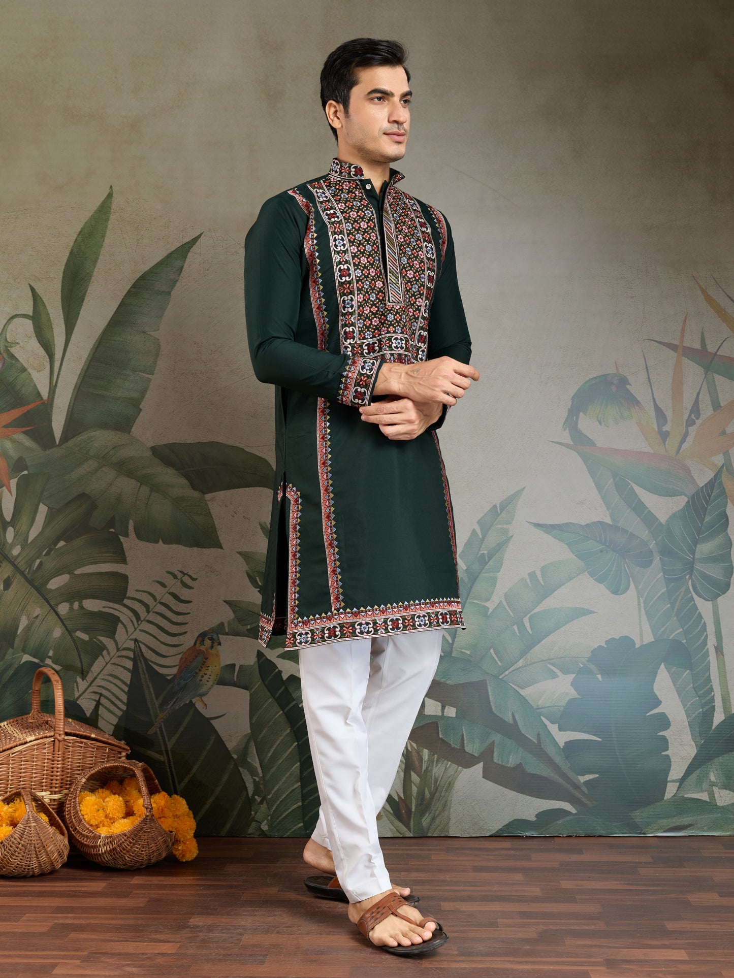 Elegant Dark Green Embroidered Kurta for Men – Traditional Festive Wear