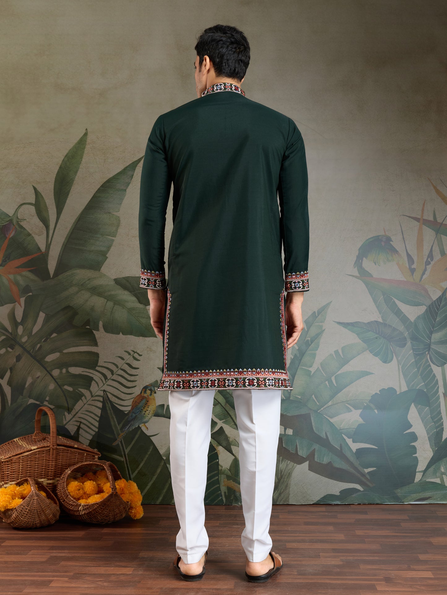 Elegant Dark Green Embroidered Kurta for Men – Traditional Festive Wear