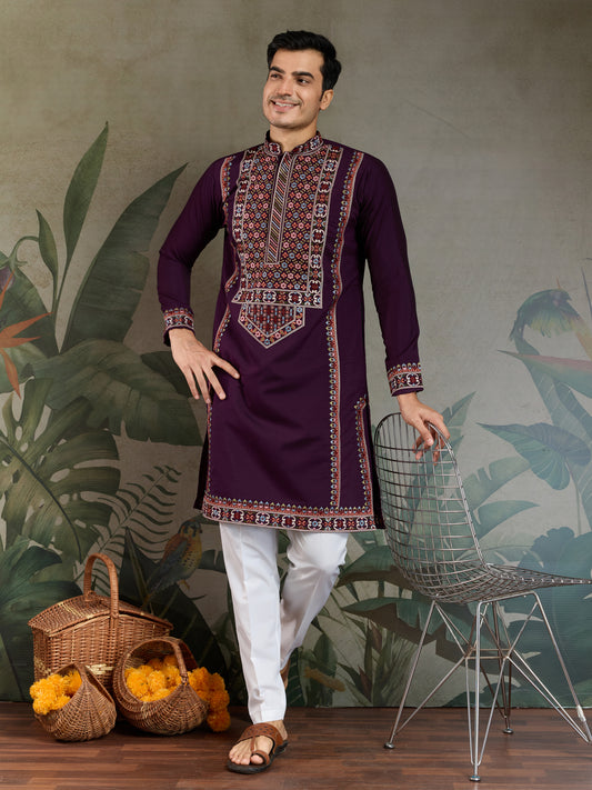 Men’s Traditional Purple Kurta with Intricate Multicolor Embroidery