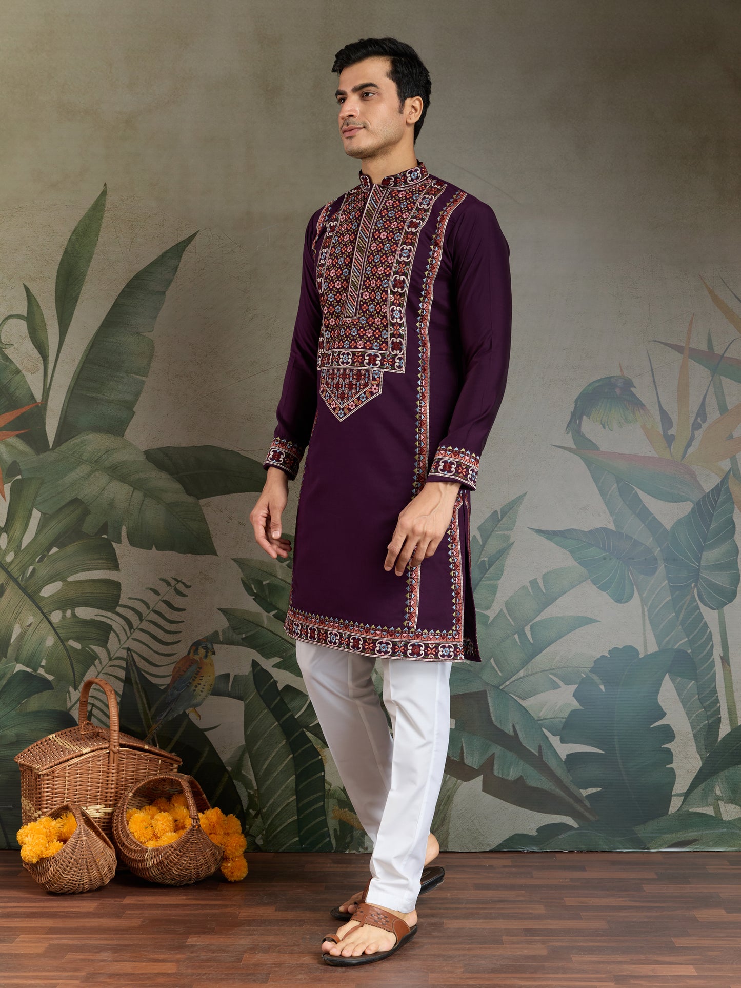 Men’s Traditional Purple Kurta with Intricate Multicolor Embroidery