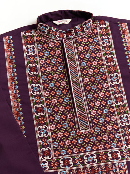 Men’s Traditional Purple Kurta with Intricate Multicolor Embroidery