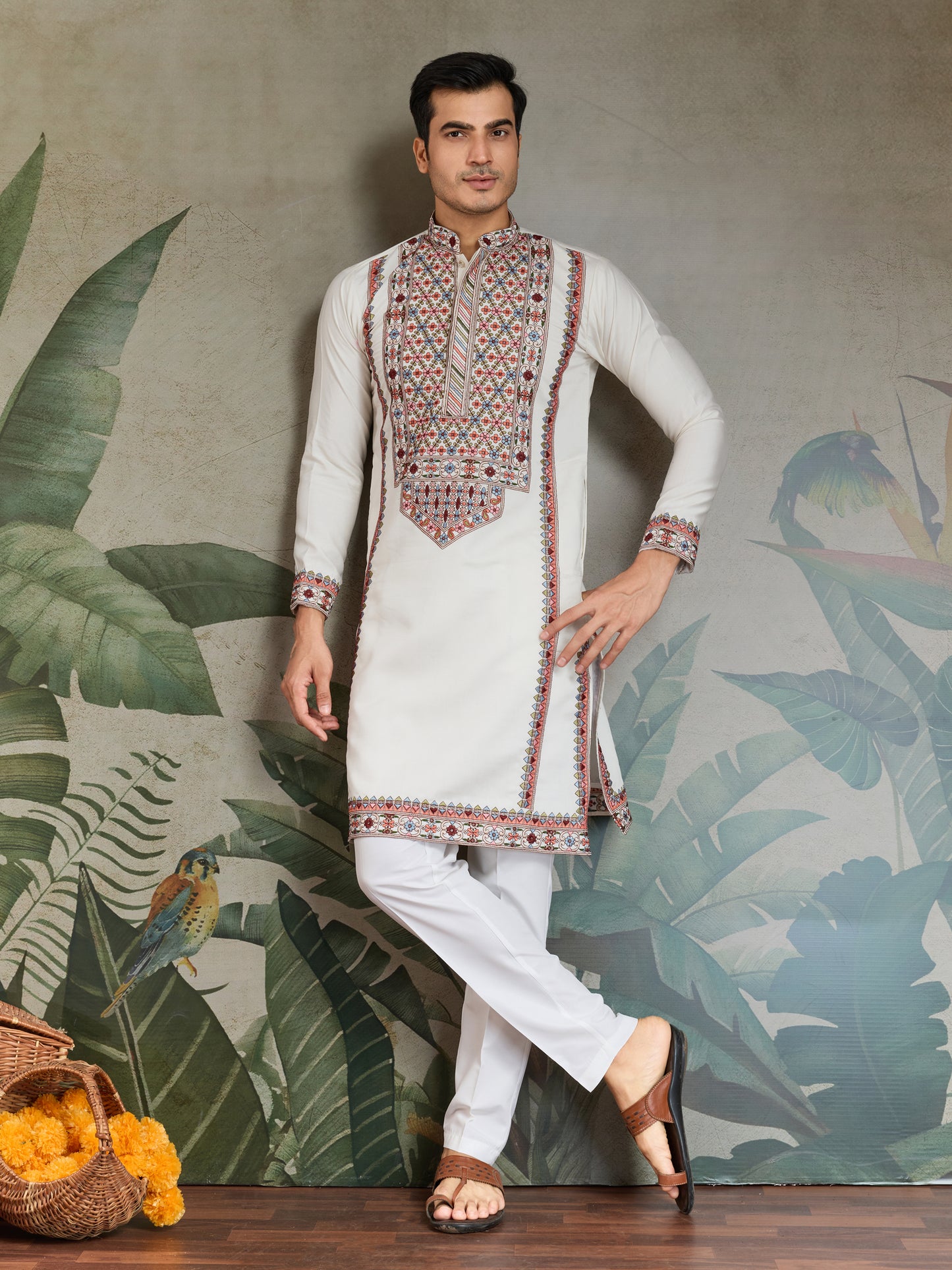 Elegant White Kurta with Multicolor Kashmiri Embroidery – Festive & Ethnic Wear