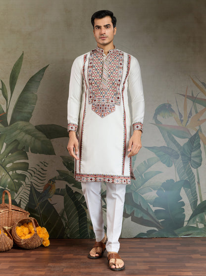 Elegant White Kurta with Multicolor Kashmiri Embroidery – Festive & Ethnic Wear