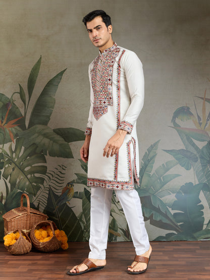 Elegant White Kurta with Multicolor Kashmiri Embroidery – Festive & Ethnic Wear