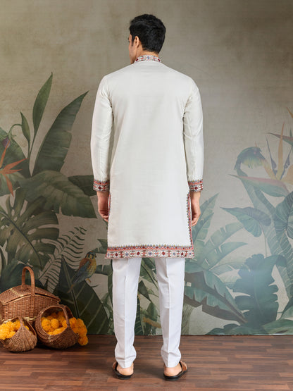 Elegant White Kurta with Multicolor Kashmiri Embroidery – Festive & Ethnic Wear