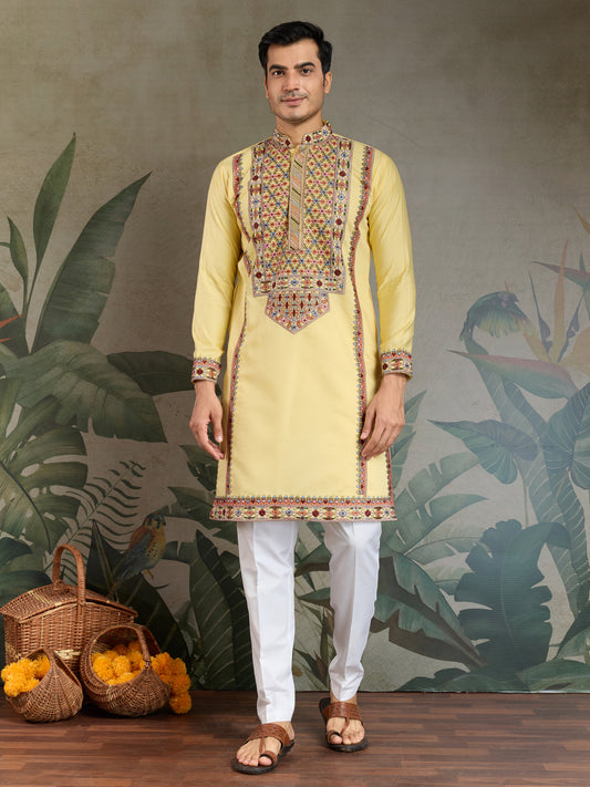 Men’s Yellow Embroidered Cotton Kurta – Festive & Ethnic Wear
