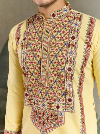 Men’s Yellow Embroidered Cotton Kurta – Festive & Ethnic Wear