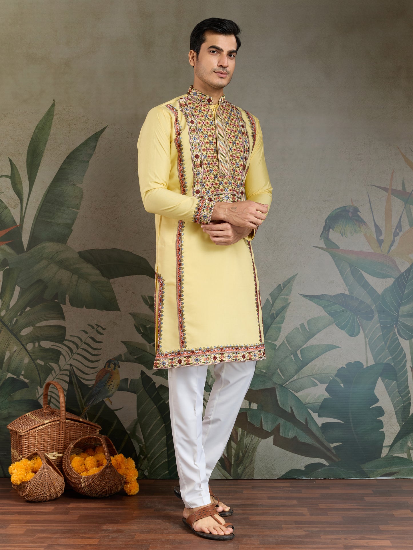 Men’s Yellow Embroidered Cotton Kurta – Festive & Ethnic Wear