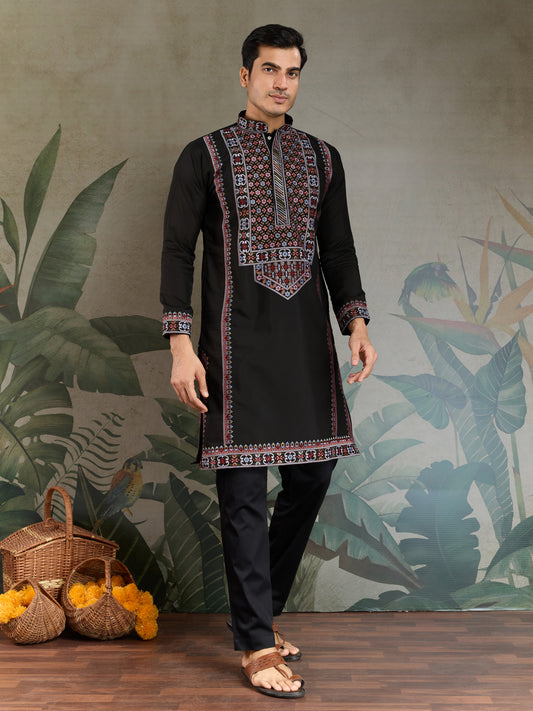 Black Men’s Kurta with Multicolor Embroidery – Premium Ethnic Wear