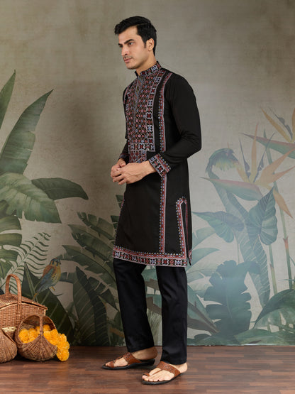 Black Men’s Kurta with Multicolor Embroidery – Premium Ethnic Wear