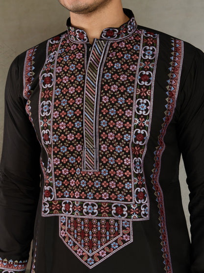 Black Men’s Kurta with Multicolor Embroidery – Premium Ethnic Wear