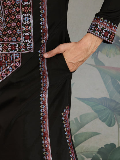 Black Men’s Kurta with Multicolor Embroidery – Premium Ethnic Wear