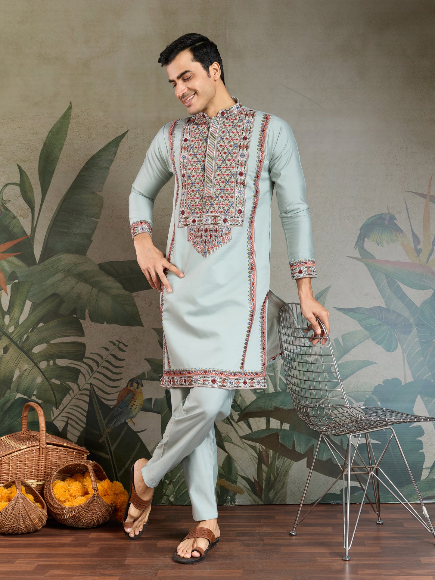Pastel Mint Green Kurta with Multicolor Kashmiri-Inspired Embroidery