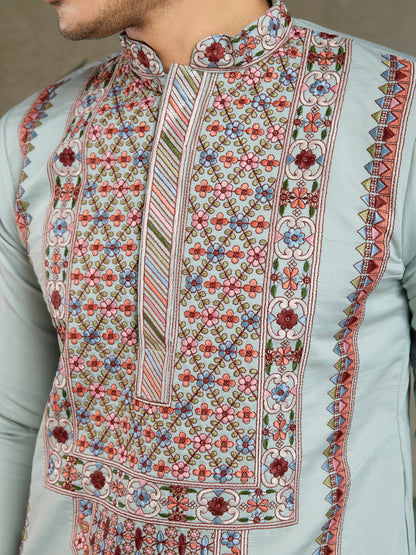 Pastel Mint Green Kurta with Multicolor Kashmiri-Inspired Embroidery