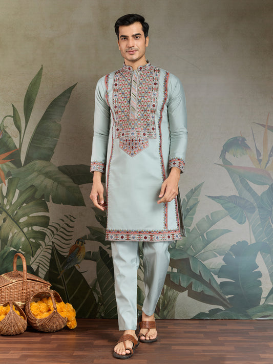 Pastel Mint Green Kurta with Multicolor Kashmiri-Inspired Embroidery