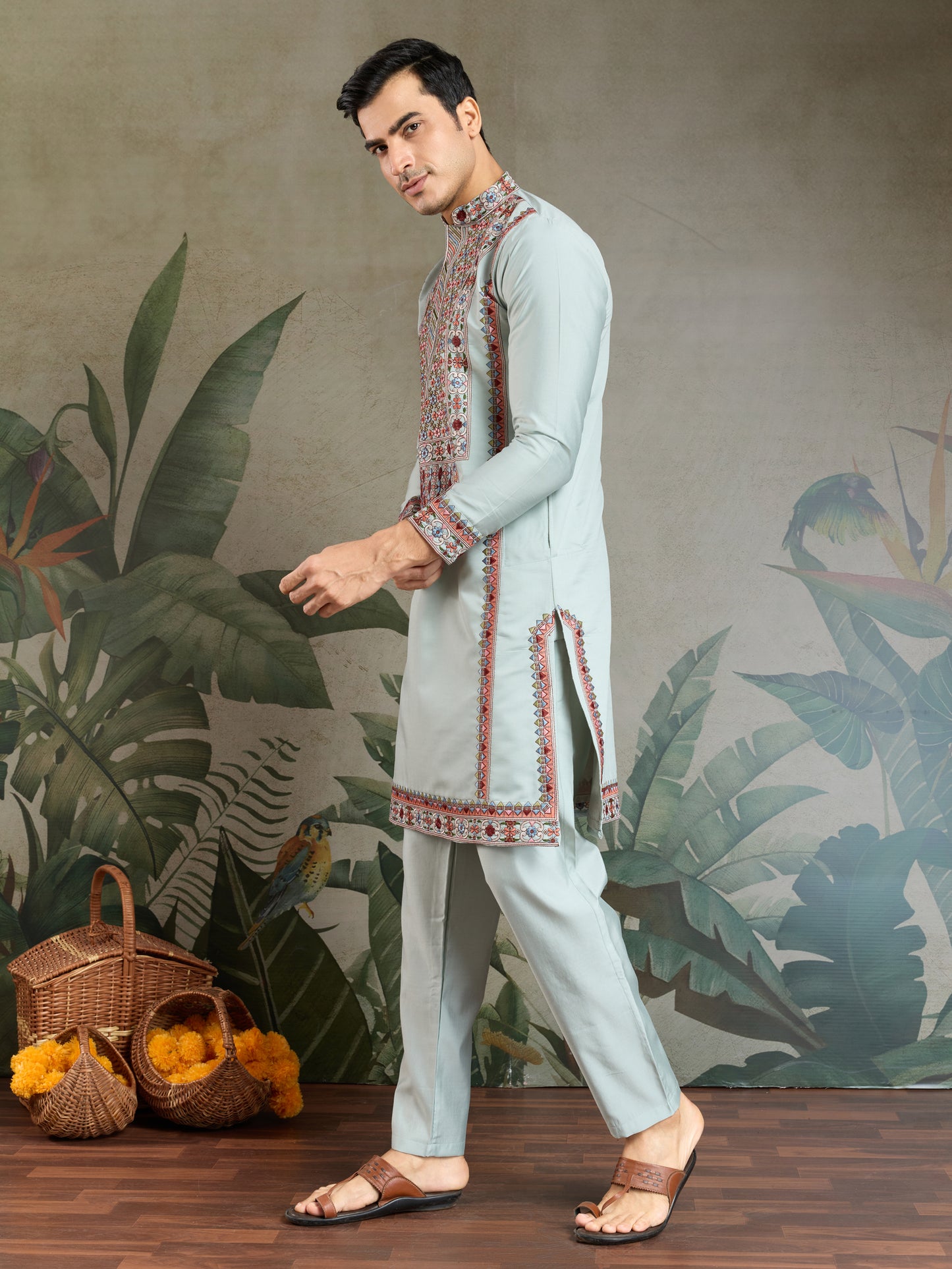 Pastel Mint Green Kurta with Multicolor Kashmiri-Inspired Embroidery
