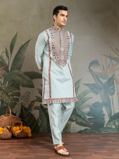 Pastel Mint Green Kurta with Multicolor Kashmiri-Inspired Embroidery