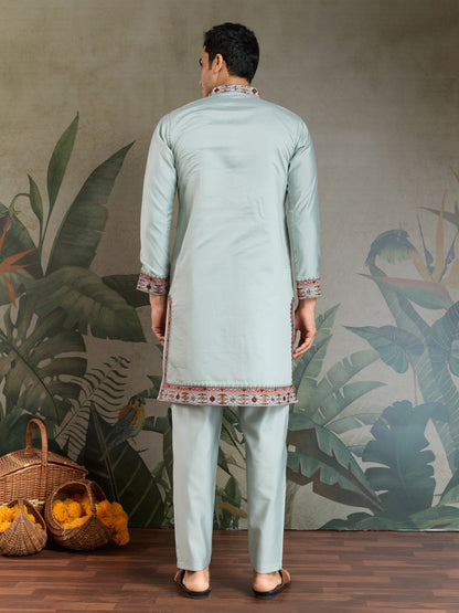 Pastel Mint Green Kurta with Multicolor Kashmiri-Inspired Embroidery