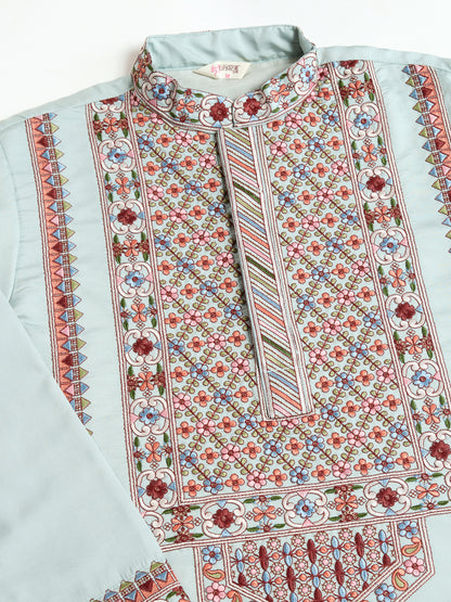 Pastel Mint Green Kurta with Multicolor Kashmiri-Inspired Embroidery