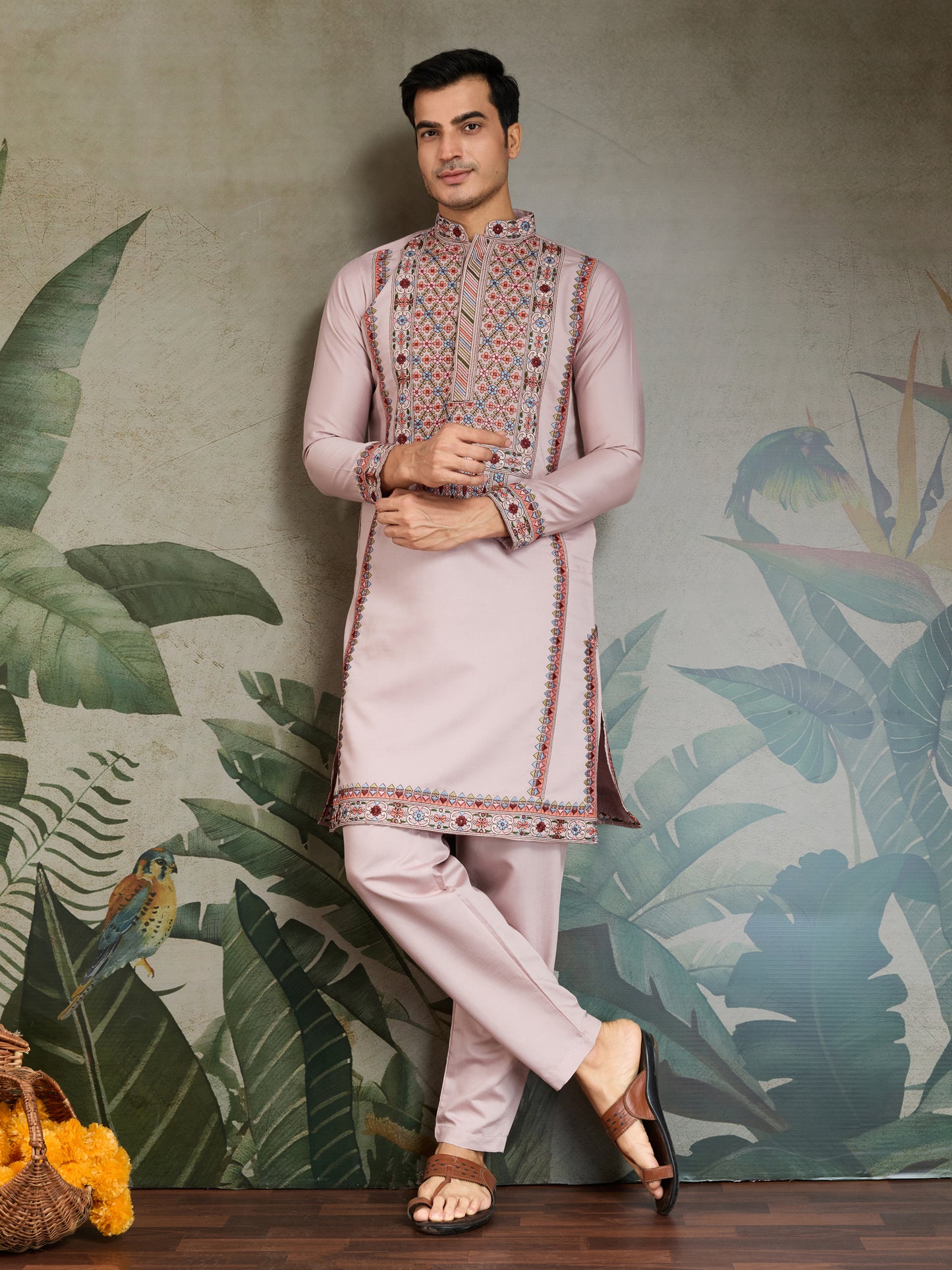 Blush Pink Men’s Kurta with Multicolor Kashmiri-Inspired Embroidery