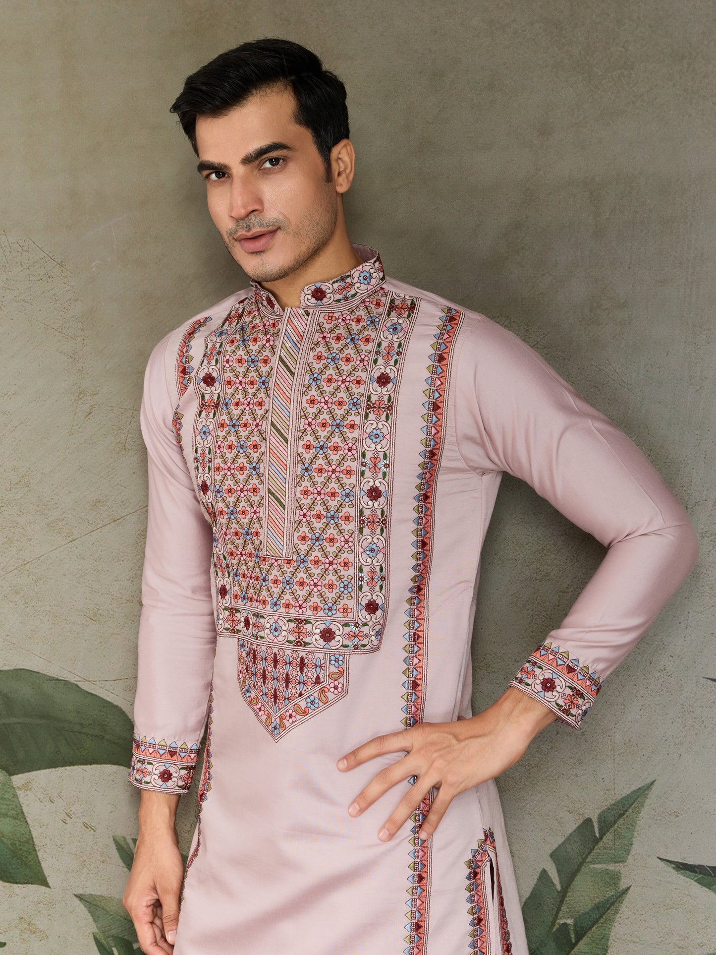 Blush Pink Men’s Kurta with Multicolor Kashmiri-Inspired Embroidery