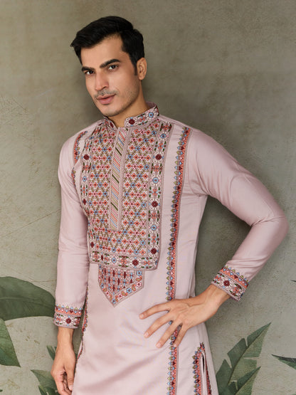Blush Pink Men’s Kurta with Multicolor Kashmiri-Inspired Embroidery