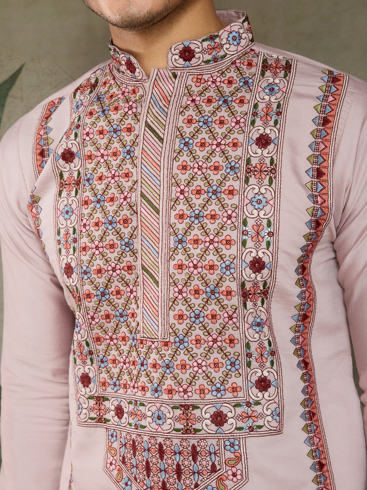 Blush Pink Men’s Kurta with Multicolor Kashmiri-Inspired Embroidery