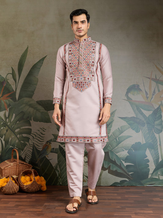 Blush Pink Men’s Kurta with Multicolor Kashmiri-Inspired Embroidery