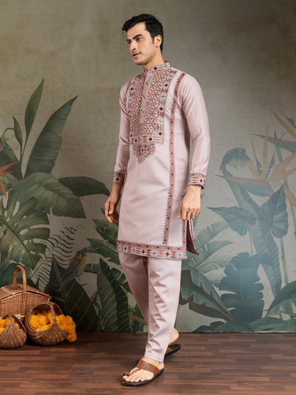 Blush Pink Men’s Kurta with Multicolor Kashmiri-Inspired Embroidery