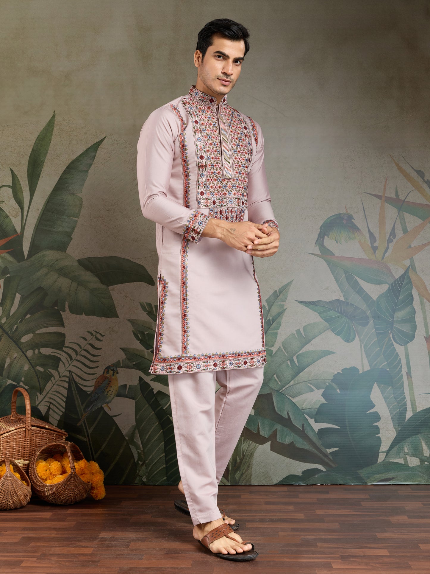 Blush Pink Men’s Kurta with Multicolor Kashmiri-Inspired Embroidery
