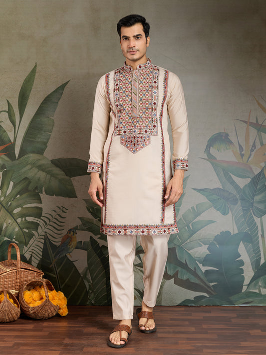 Elegant Cream Kurta with Intricate Multicolor Embroidery – Premium Festive Wear